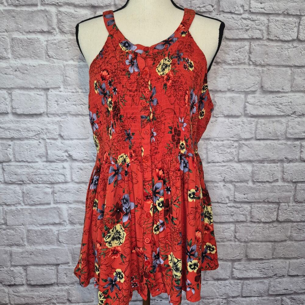 Torrid top burnt orange floral sleeveless gauze smocked halter babydoll size 2X - Picture 4 of 11